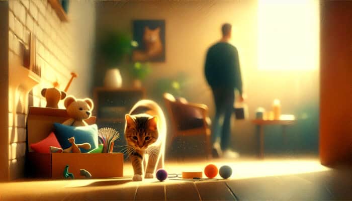 A curious cat emerges from its hiding place in a sunlit living room, exploring toys and furniture, while a patient owner watches encouragingly.