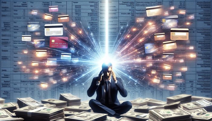Debt Consolidation vs Debt Relief Orders: Pros and Cons | DCL Stressed individual surrounded by chaotic credit cards and bills merging into a glowing loan document under light, with organised charts in background.