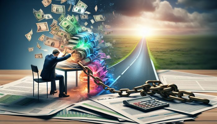 Debt Consolidation vs Debt Relief Orders: Pros and Cons | DCL A professional advisor assists a stressed individual: colourful debt bills merging into one document, chains breaking, and a bright path to financial freedom.