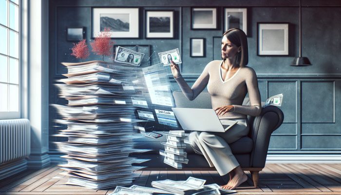 Debt Consolidation for Single Parents in Debt | DCL A determined single mother in a cozy UK living room reviews debt consolidation on her laptop, with bills merging into one for relief.