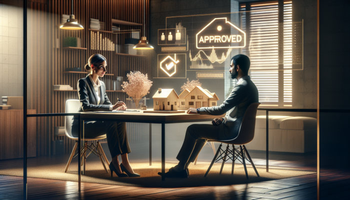 Financial advisor reviews home loan documents with client in modern office, surrounded by house models, charts, and an approved stamp under warm lighting.