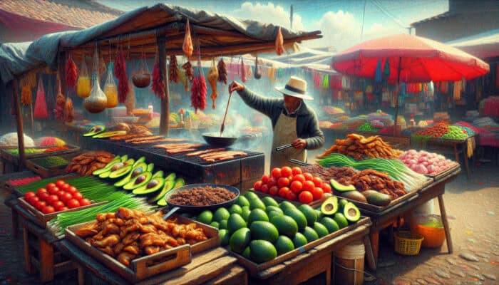 How to Make a Rich Colombian Bandeja Paisa: A Colombian market vendor arranging fresh avocados, ripe tomatoes, and crispy green onions next to sizzling chicharrón, seasoned ground beef, and grilled chicken under the sunny sky.