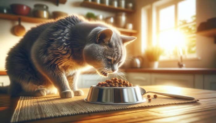 An elderly gray cat with wise eyes and thinning fur eats senior cat food in a sunny kitchen, emphasising aging and nutrition.