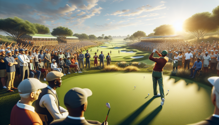 Golf influencer demonstrates swing on lush fairway at Kommetjie Open, surrounded by an enthusiastic diverse crowd under sunny sky.