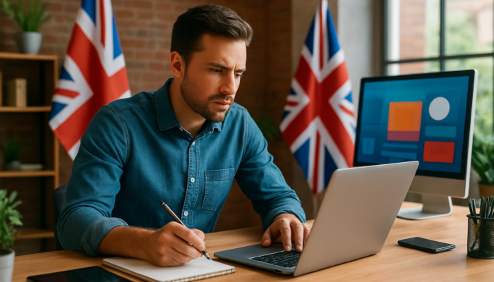 Determined entrepreneur in Keynsham office designing a budget-friendly website using digital tools and British flags.