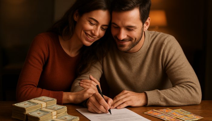 Couple signing financial pact at table surrounded by cash piles and lottery tickets