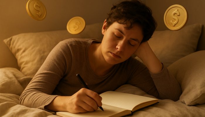 Tired individual resting in bed drafting a gentle debt repayment plan in a journal with warm golden light