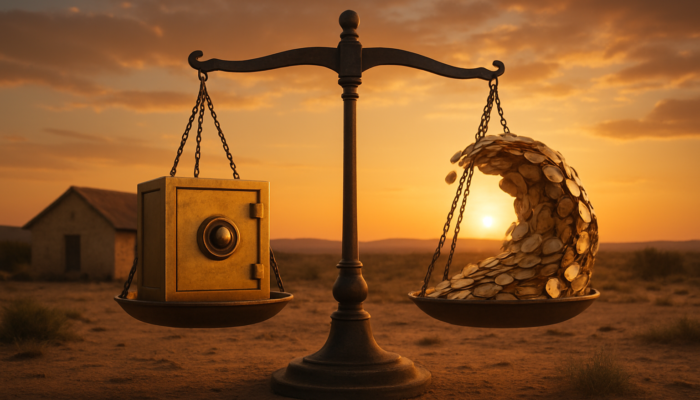 Rustic home in Beaufort West: secure fixed rates contrasted with a wave of coins representing variable rates, balanced under a scale at sunset.