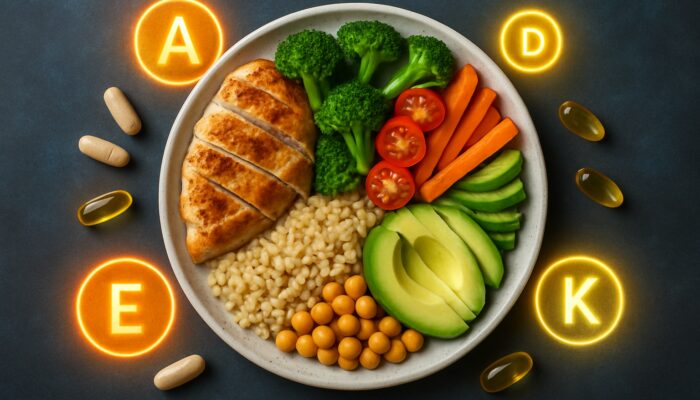 Balanced plate showcasing protein, carbohydrate, and fat sections alongside supplement capsules and vitamin icons