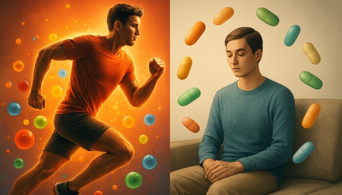 Split illustration depicting an energetic athlete with antioxidant multivitamins next to a calm sedentary figure with nutrient capsules.