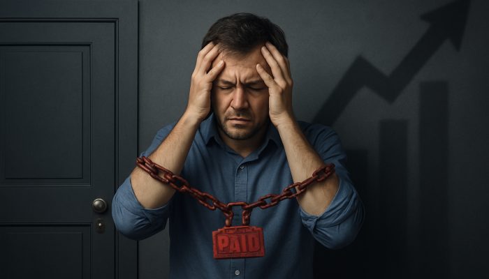 Stressed borrower burdened by missed payments before locked mortgage and loan doors with rising insurance costs