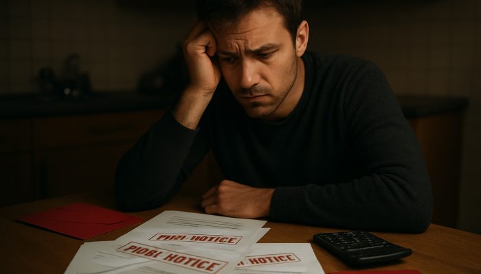 Concerned individual at dimly lit table with overdue gas, electricity and water bills stamped final notice