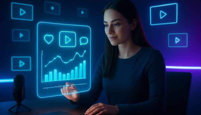 Content creator analysing a holographic analytics dashboard with watch-time graphs and floating video thumbnails in a neon studio