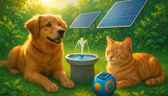 Dog and cat resting with solar-powered pet gadgets in a sunny eco-friendly garden featuring solar panels.