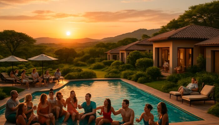Vibrant Gauteng resort at sunset with groups enjoying themselves by the pool and exclusive villa parties.