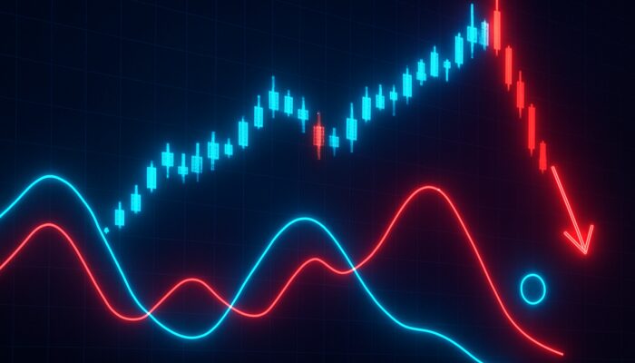 Cyberpunk trading chart featuring neon stochastic oscillator divergence on glowing candlesticks signalling reversal