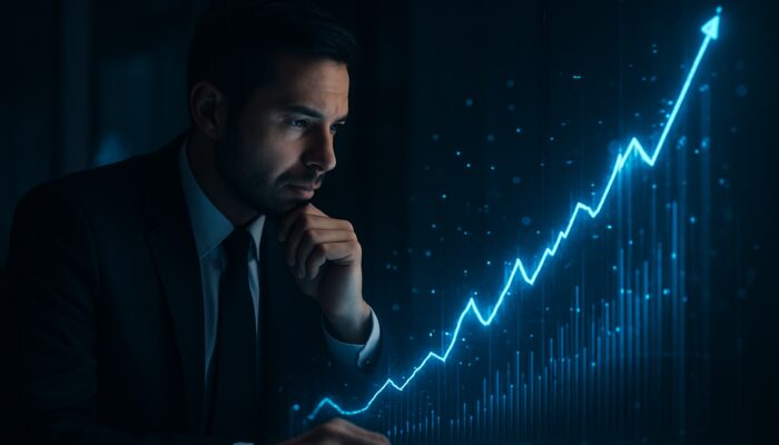 Trader examining glowing holographic charts of an increasing profit-to-drawdown ratio in a dimly lit office