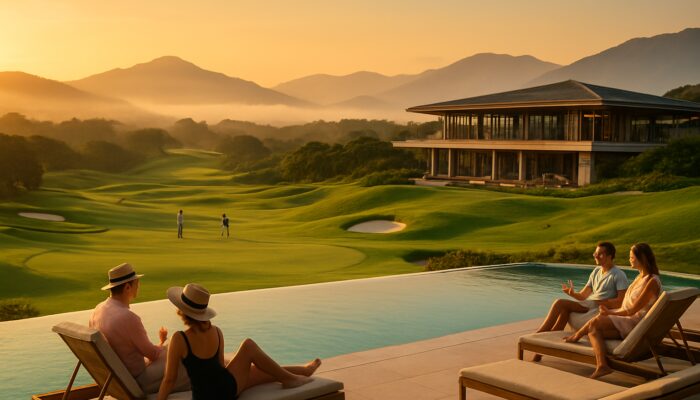 Mount Edgecombe Country Club at golden hour with emerald golf fairways, modern clubhouse, and poolside guests.