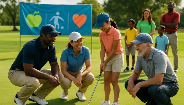 Diverse golfers mentoring youth at sunny charity golf clinic with school banners and volunteers