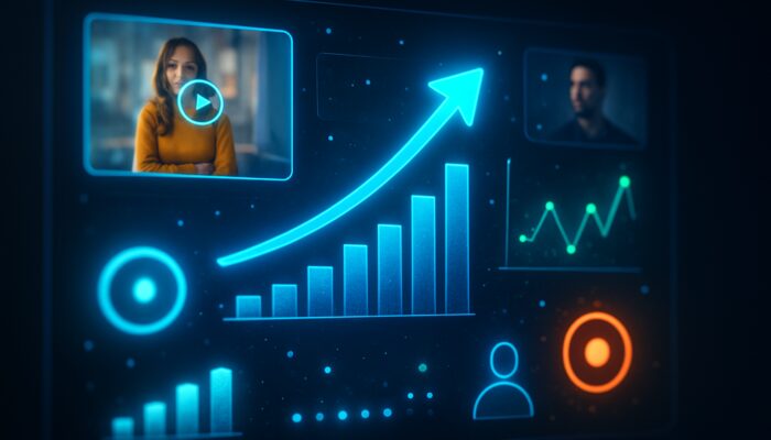 Neon digital dashboard pulsing with live X video ads and real-time global engagement metrics.