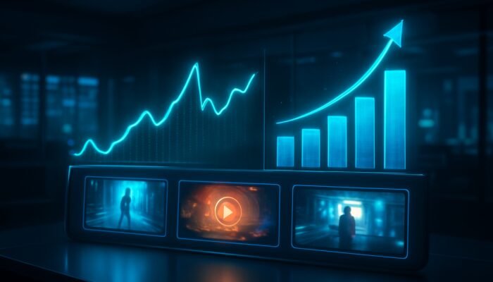Futuristic dashboard displaying holographic graphs of real-time video ad click-throughs and conversions.