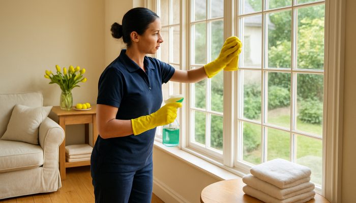 Professional cleaner polishing windows in a sunlit Over Compton cottage with gleaming floors.