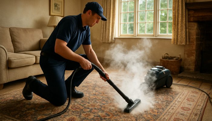 Professional cleaner steam-cleaning ornate carpets in a sunlit British cottage to remove dirt and mould.