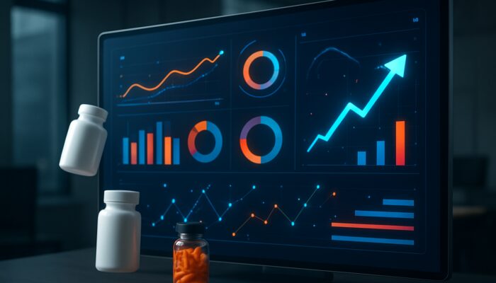 Digital dashboard displaying supplement ad performance metrics with vibrant graphs and vitamin icons