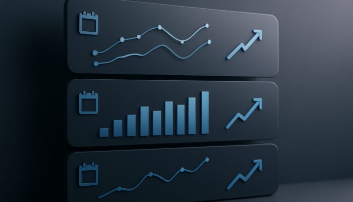 Sleek digital dashboard showing layered weekly, monthly, and quarterly supplement ad performance graphs with trend arrows.