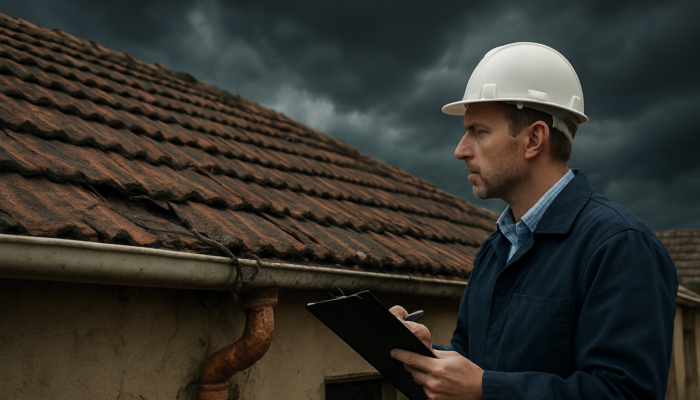 Professional inspector evaluates a cracked roof and exposed wiring on an old South African home in Springs under a stormy sky.