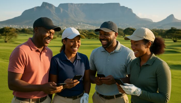 Diverse South African golfers enjoying laughter on a sunny course in Cape Town with Table Mountain in the background.