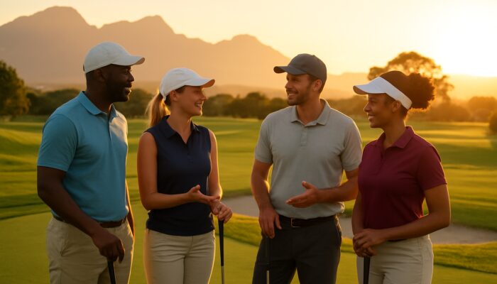 Diverse golfers networking at sunset on a scenic South African course with mountains.