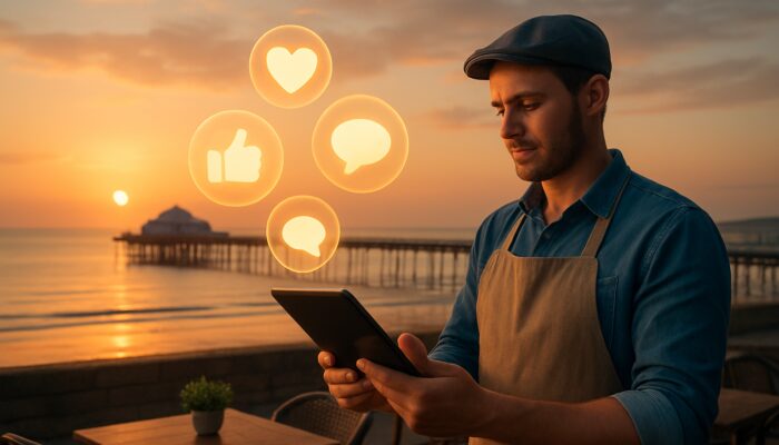 Café owner analysing impressive social media statistics on tablet above Weston-super-Mare pier during sunset