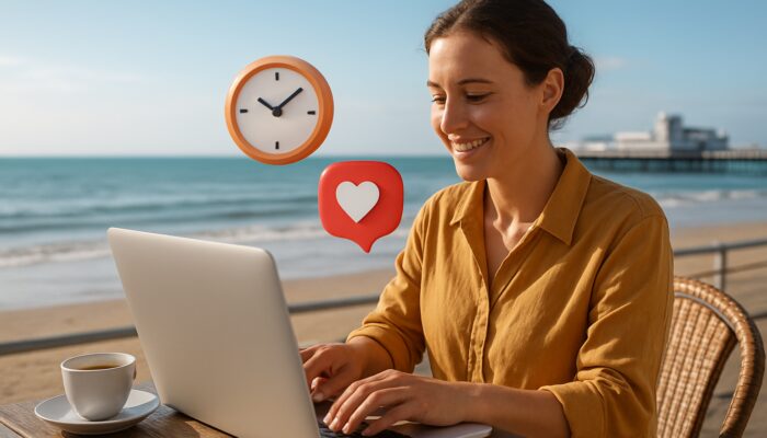 Small business owner planning social media posts on laptop at Weston-super-Mare seaside café