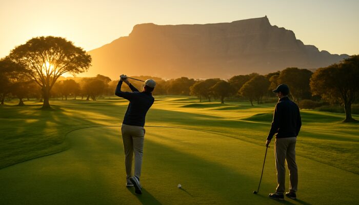 Novice golfers teeing off at sunrise on Cape Town municipal course with Table Mountain backdrop