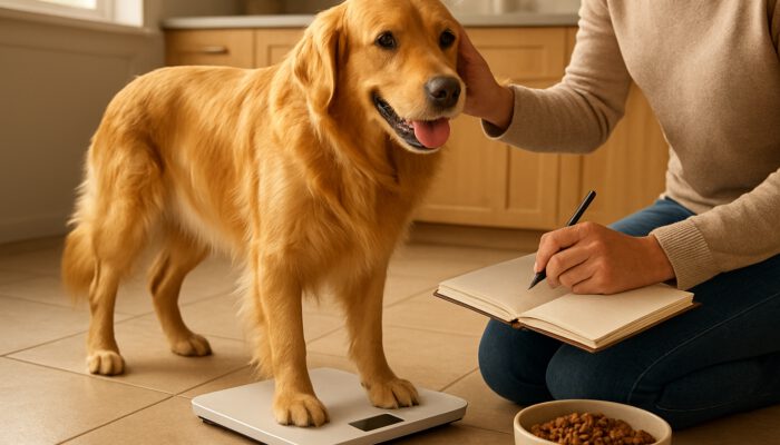 Owner weighs vibrant golden retriever on a scale while assessing coat condition in a sunlit kitchen