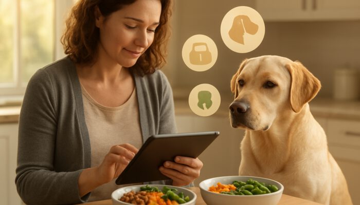 Owner reviews Labrador health data on tablet beside tailored nutrition bowls in a kitchen