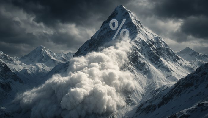 Cinematic avalanche descending debt mountains, striking highest interest rate peak first.