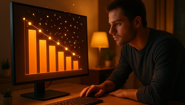 Person celebrating declining debt charts with confetti and milestones in a warm home office