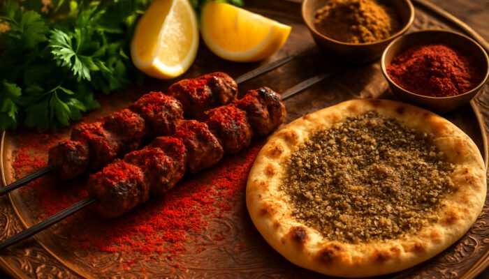 Close-up of vibrant sumac-seasoned lamb kebabs and za'atar flatbread on ornate copper tray with herbs.
