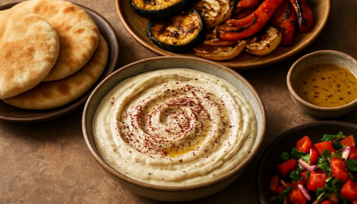 Vibrant Middle Eastern spread featuring sumac yogurt-tahini dip, pita, grilled vegetables, and lemon vinaigrette.
