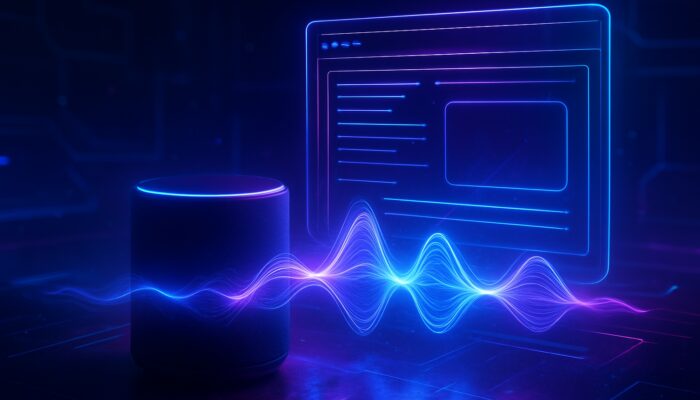 Cyberpunk voice assistant emitting glowing sound waves to a holographic website interface for voice search SEO.