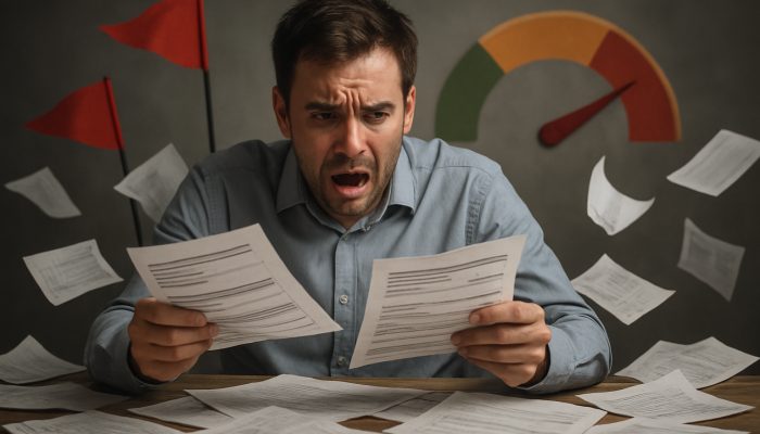 Stressed person submitting multiple credit forms amid plummeting score, red flags, and chaotic papers