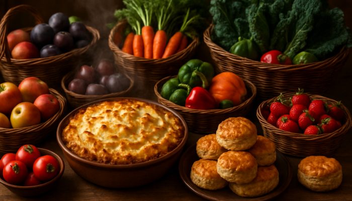 Celebrating Milestones Safely and Economically: UK Tips | DCL Rustic table with steaming shepherd’s pie, golden scones, and baskets of British seasonal fruits and vegetables.