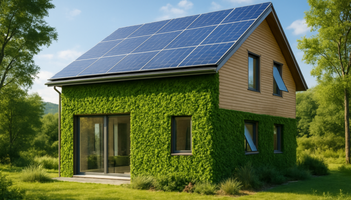 Modern eco-friendly home featuring solar panels and green walls, set in a tranquil environment.