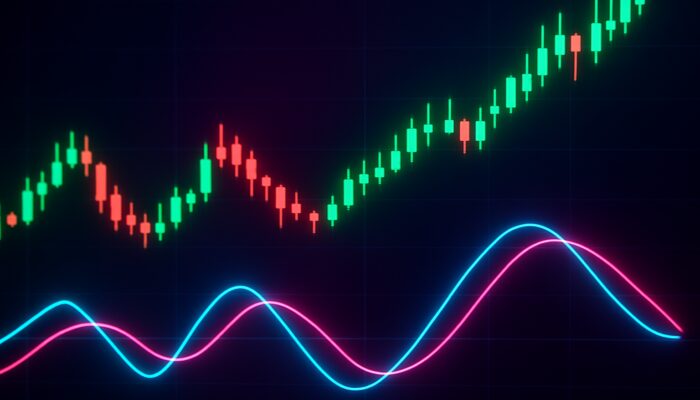 Dynamic trading screen showcasing glowing Trix indicator crossovers, divergences, and ascending price candles in a neon interface.