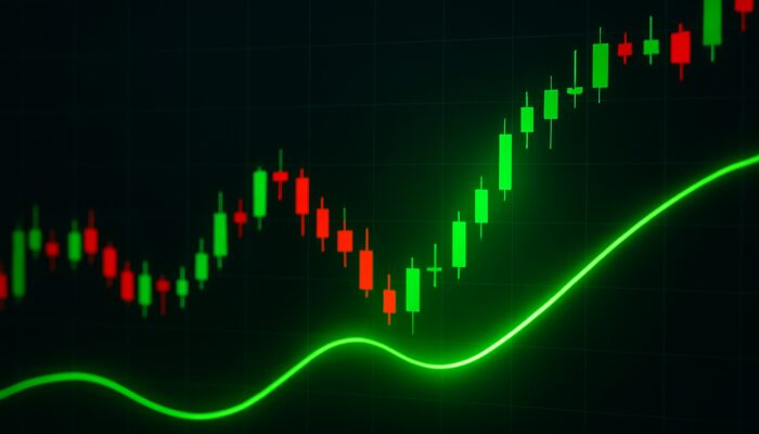 Trading chart with green Trix line crossing above zero amidst candlesticks for a bullish buy signal