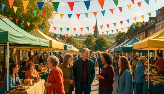 Vibrant Taunton market festival showcasing small business stalls and locals enjoying the sunny Somerset countryside