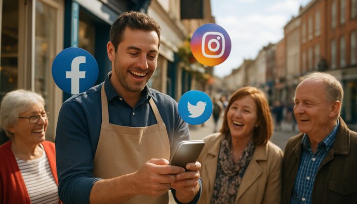 Taunton shop owner using a smartphone with Facebook, Instagram, and Twitter icons, connecting with local customers.