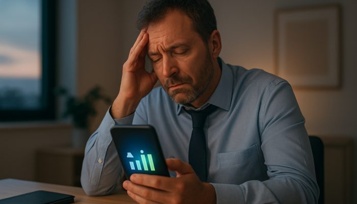 Avoiding Burnout During Long Payoff Plans: Expert UK Advice | DCL British office worker tracking fatigue with NHS app showing rising energy bars in calm workspace